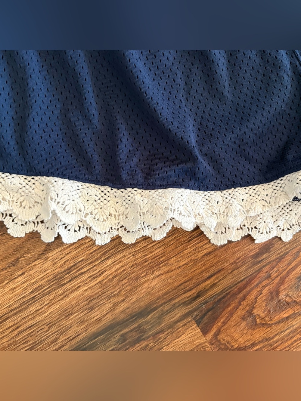 Free People FP Movement Tip Off Shorts midnight navy blue, white lace trim, L - Picture 5 of 7